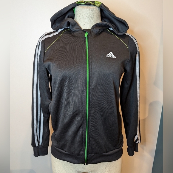 Adidas 3 stripe full zip Black with silver gray stripes. Youth Size L - Picture 2 of 15